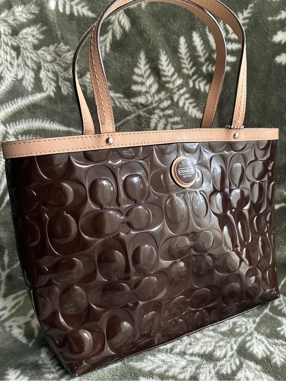 COACH Bag,Coach Brown Patent Leather Tote with Tan Trim